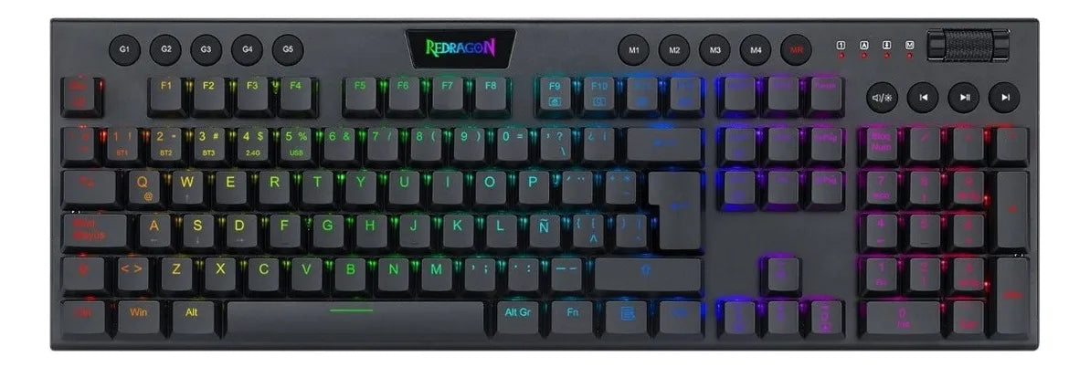Teclado Redragon Horus QWERTY Redragon Low profile Linear Red español latinoamérica color negro con luz RGB