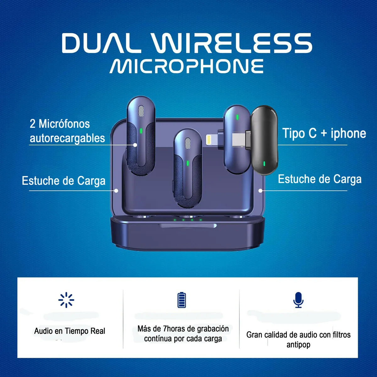 Micrófono Inalambrico De Solapa Tipo C Iphone Y PC Con Estuche De Carga Doble Receptor y Cancelación de Ruido y Antipop Vimai M8C-2 Negro