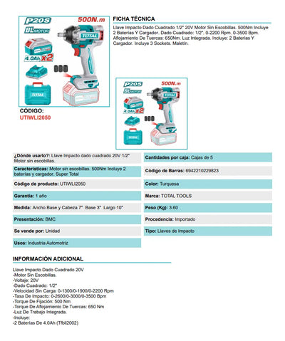 Atornillador De Impacto Industrial 1/2 2b 4.0a 500nm Total Turquesa 50 Hz/60 Hz
