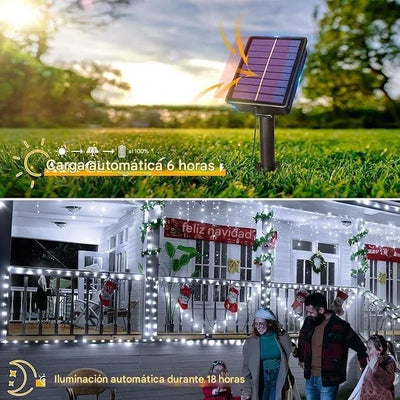 Luz Navideña Solar 100 Led 12mts Recargable Ip67 Blanca Blanco