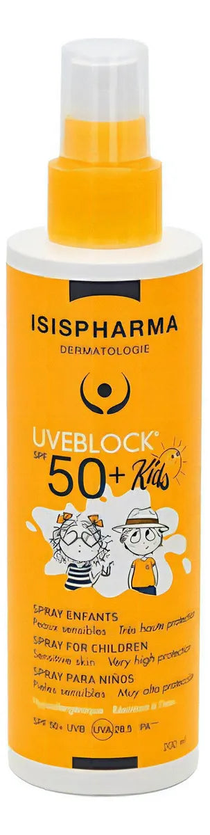 Protector solar infantil Isispharma Uveblock Uveblock Kids 50FPS en atomizador 200mL