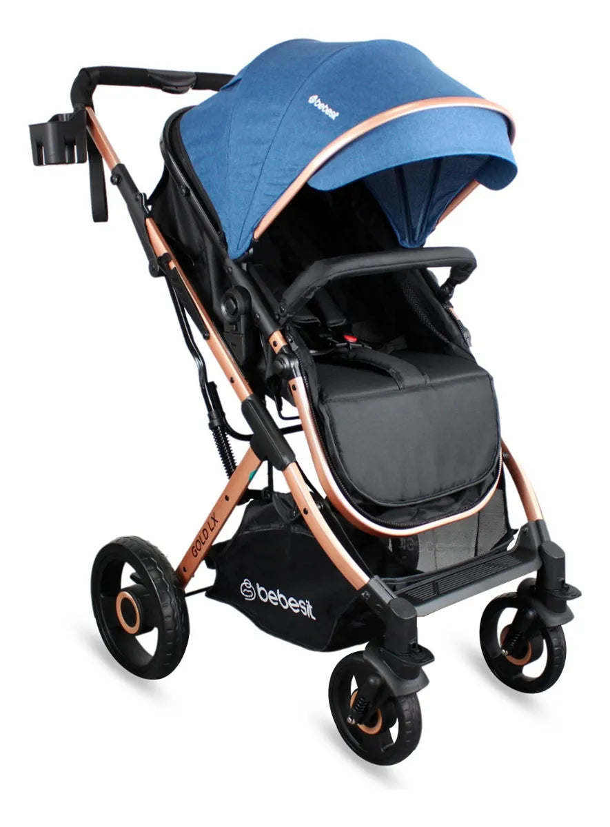 Coche Bebé Travel System Tipo Moises Color Azul Chasis Dorado