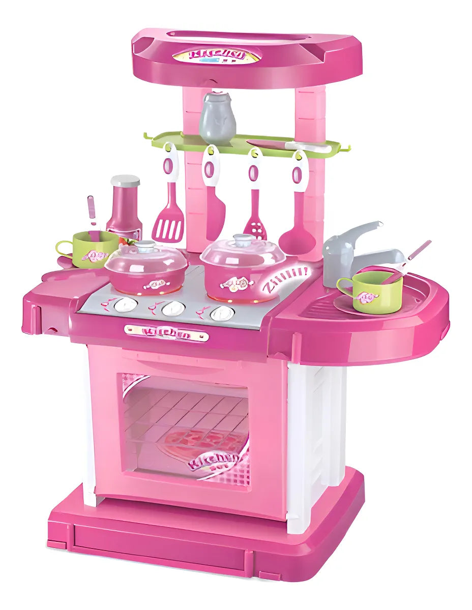 Cocina Infantil Kitchen Little Modelo 008-921A Rosa Con Luz Sonido Accesorios