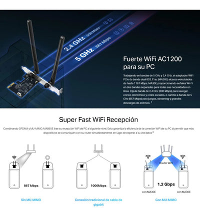 Adaptador De Red Pcie Wifi Bluetooth Ac1200, Mercusys Ma30e