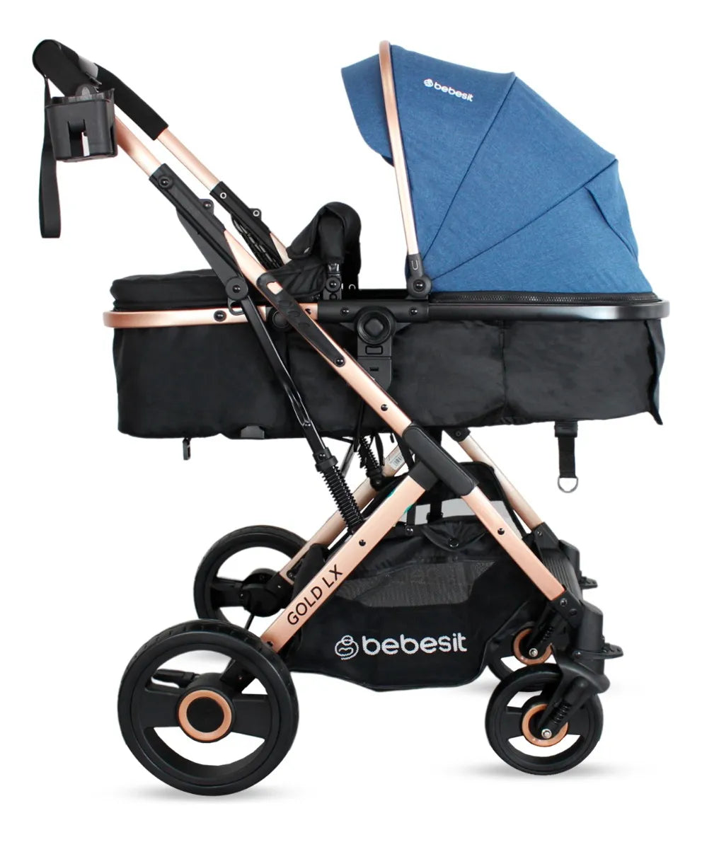 Coche Bebé Travel System Tipo Moises Color Azul Chasis Dorado