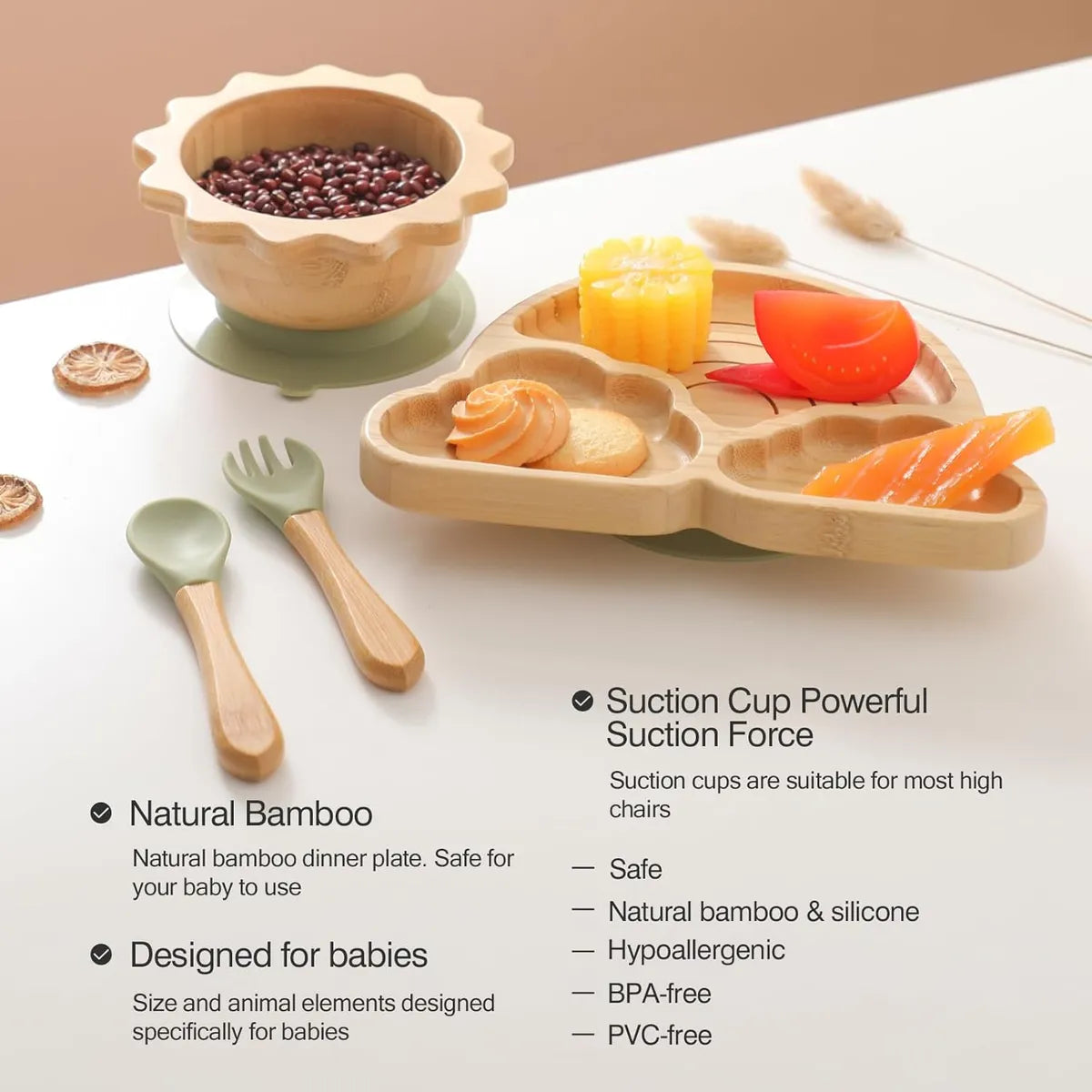 Set De Platos De Bambú Antideslizante Y Silicona Para Bebés