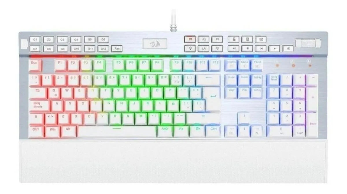 Teclado Redragon Yama QWERTY Outemu Purple español latinoamérica color blanco con luz RGB