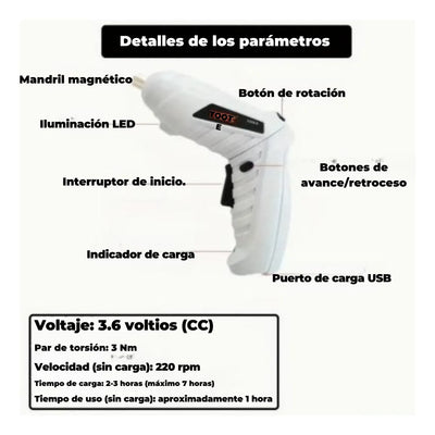 Destornillador Inalámbrico Eléctrico Recargable 47 Piezas - Gris