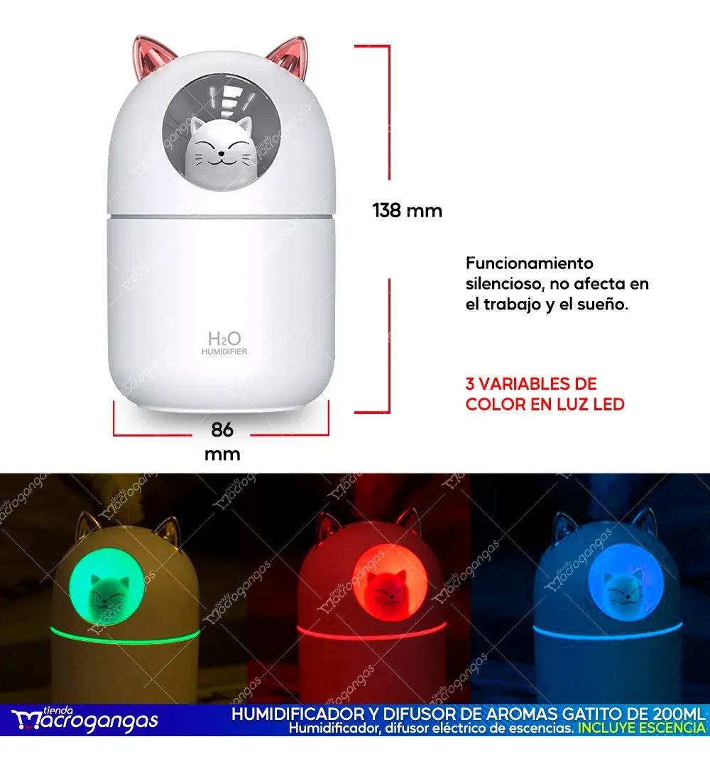 Humificador Difusor Aromas Gatito + Esencia - Blanco