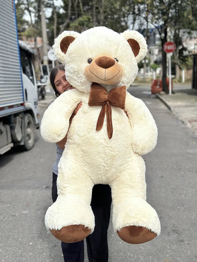 Oso De Peluche Gigante 1,60 + Moño + 3 Globos Perfumado Blanco Hueso
