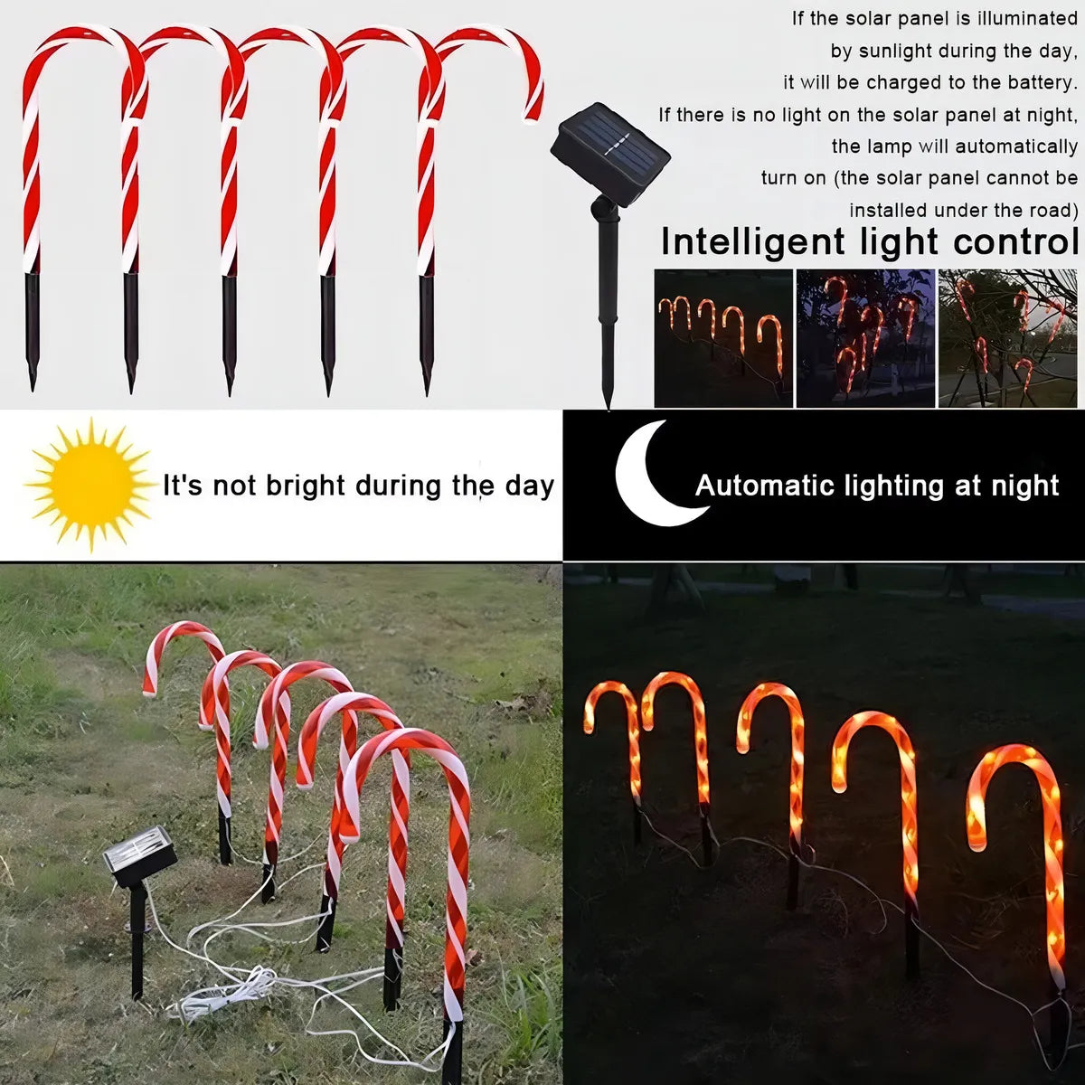 Luces Decorativas 5 Unidades Solares Navidenas Bastones Navideños Luces Solares Decorativas Navidad Adornos Navideños Luces Navideñas Decorativas Qatarshop Bastones Luces Solares