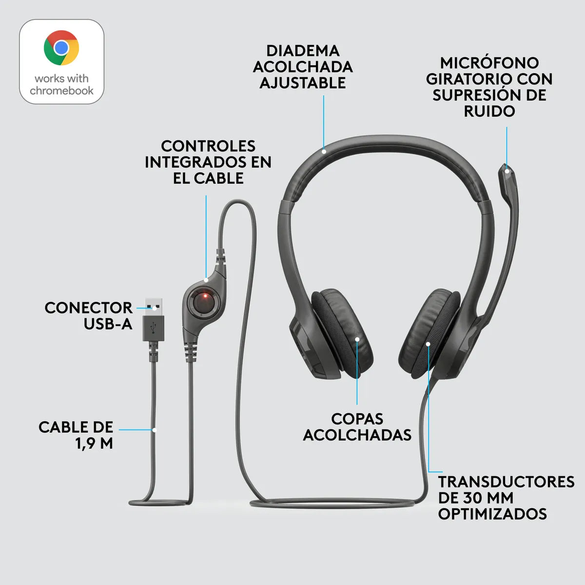 Logitech H390, Diadema Usb / Mic Sin Ruido Y Controles Cable Negro