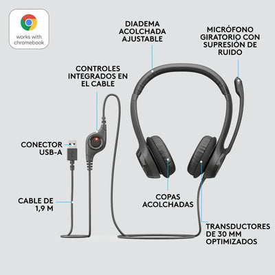 Logitech H390, Diadema Usb / Mic Sin Ruido Y Controles Cable Negro