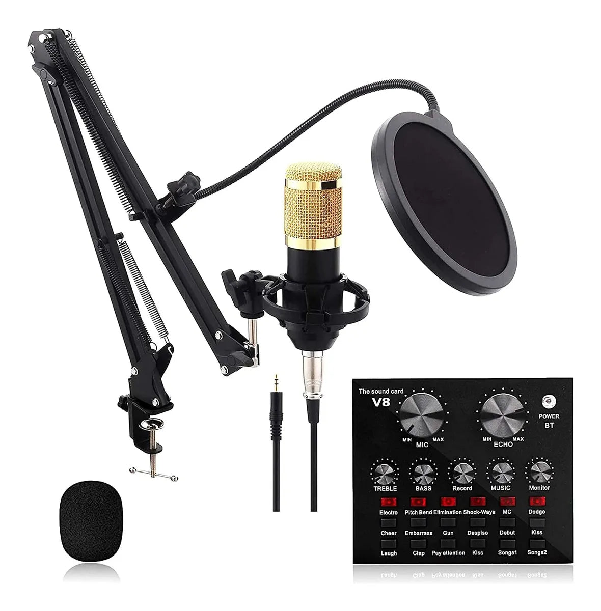 Kit Micrófono Condensador Profesional Con Tarjeta Sonido V8 Dorado