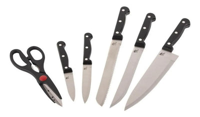Set 5 Cuchillos En Acero + Tijera Con Base En Madera Just Hc