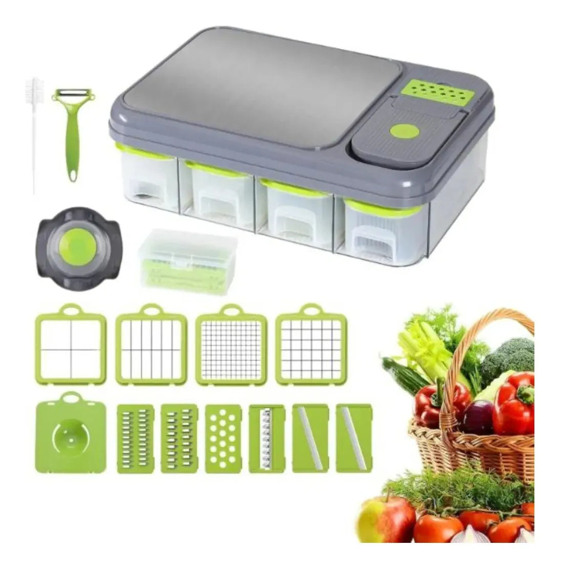 Cortador De Verduras Mandolina 28 En 1 Estación Preparación Gris