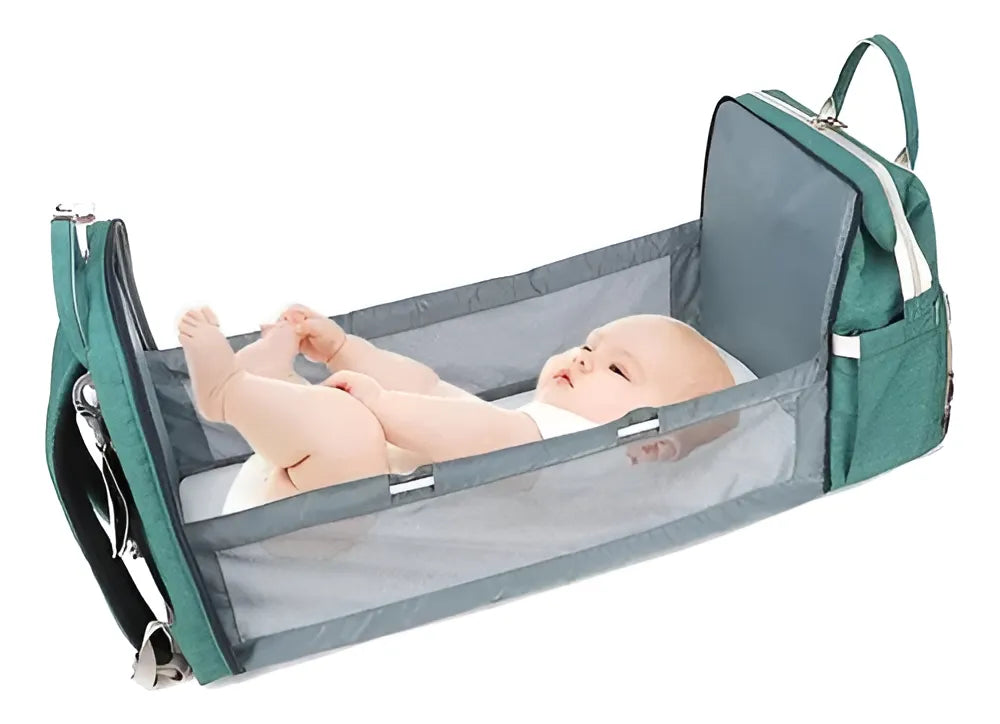Pañalera Bebé Con Cama Cuna Portatil Cambiador Puerto Usb Color Verde oscuro