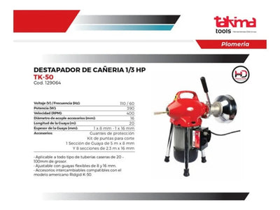 Destapador De Cañería Takima 1/3 Hp, Tk-50