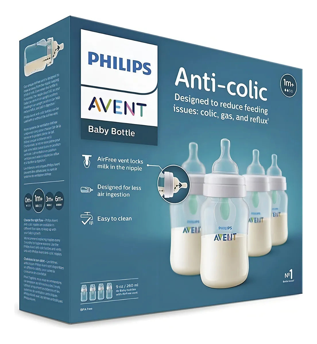 Combo 4 Unidades Biberon Avent Con Valvula Anticolico 9 Oz Transparente Clasico Válvula Airfree