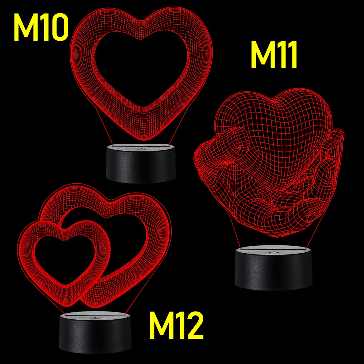 Lámpara De Noche Led 3d Corazones Regalo Pareja Holograma Negro