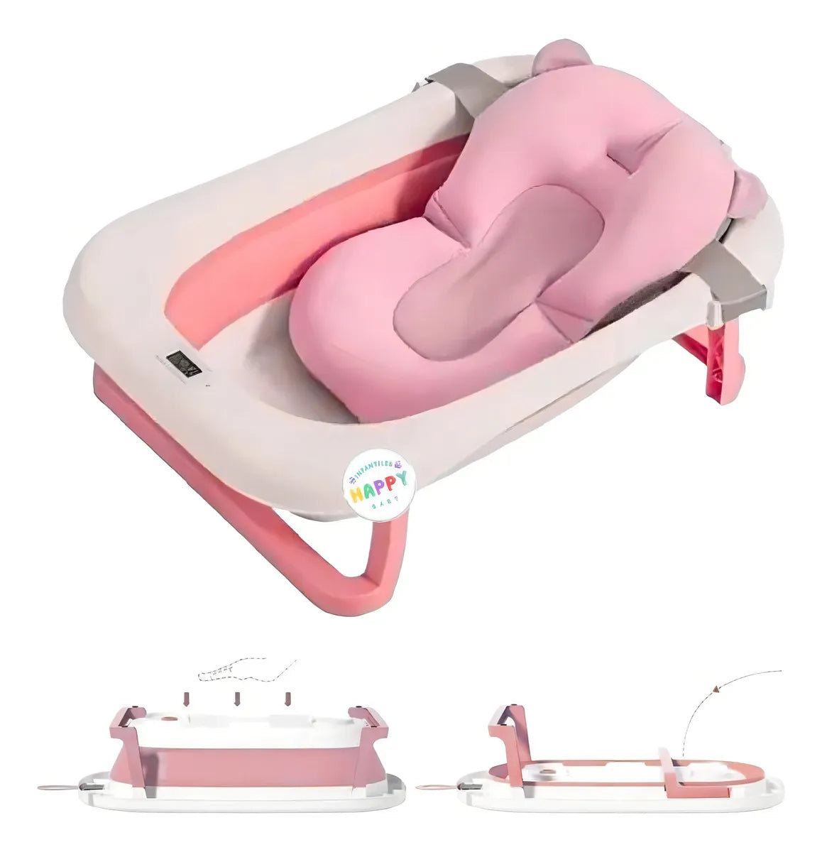 Tina Bañera Para Bebe Plegable Cojin Acolchado + Base Alta Color Rosa- Blanco Cojín Rosa
