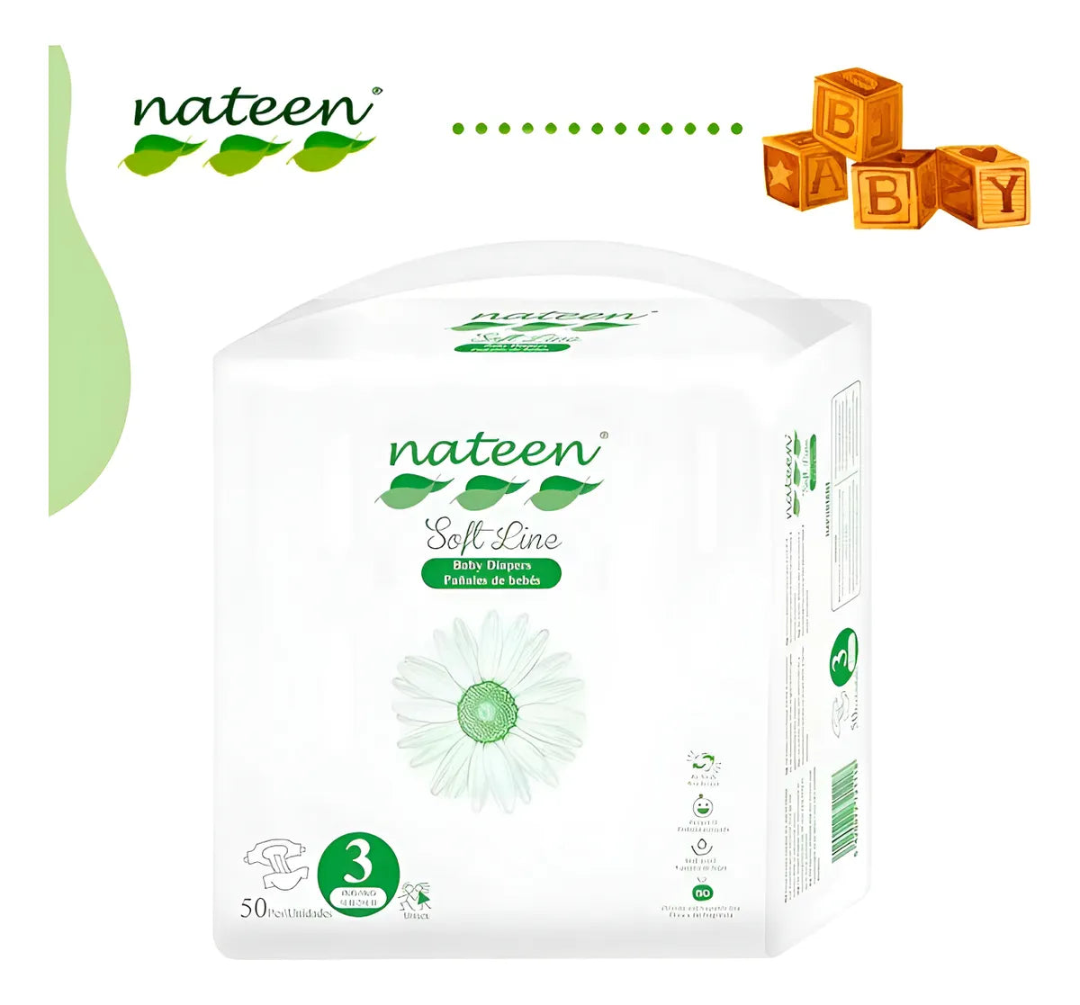 Pañal Nateen Baby Soft Line Et. 3 Paq X 22 Unds + Toallitas Pequeño (p)
