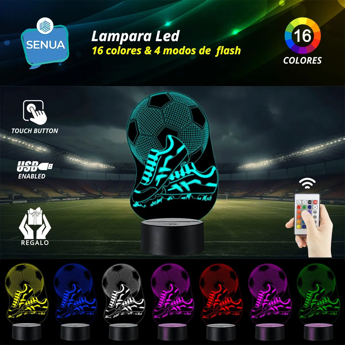 Lámpara Led Guayos Balón Fútbol Holograma Decoración Regalo - Negra