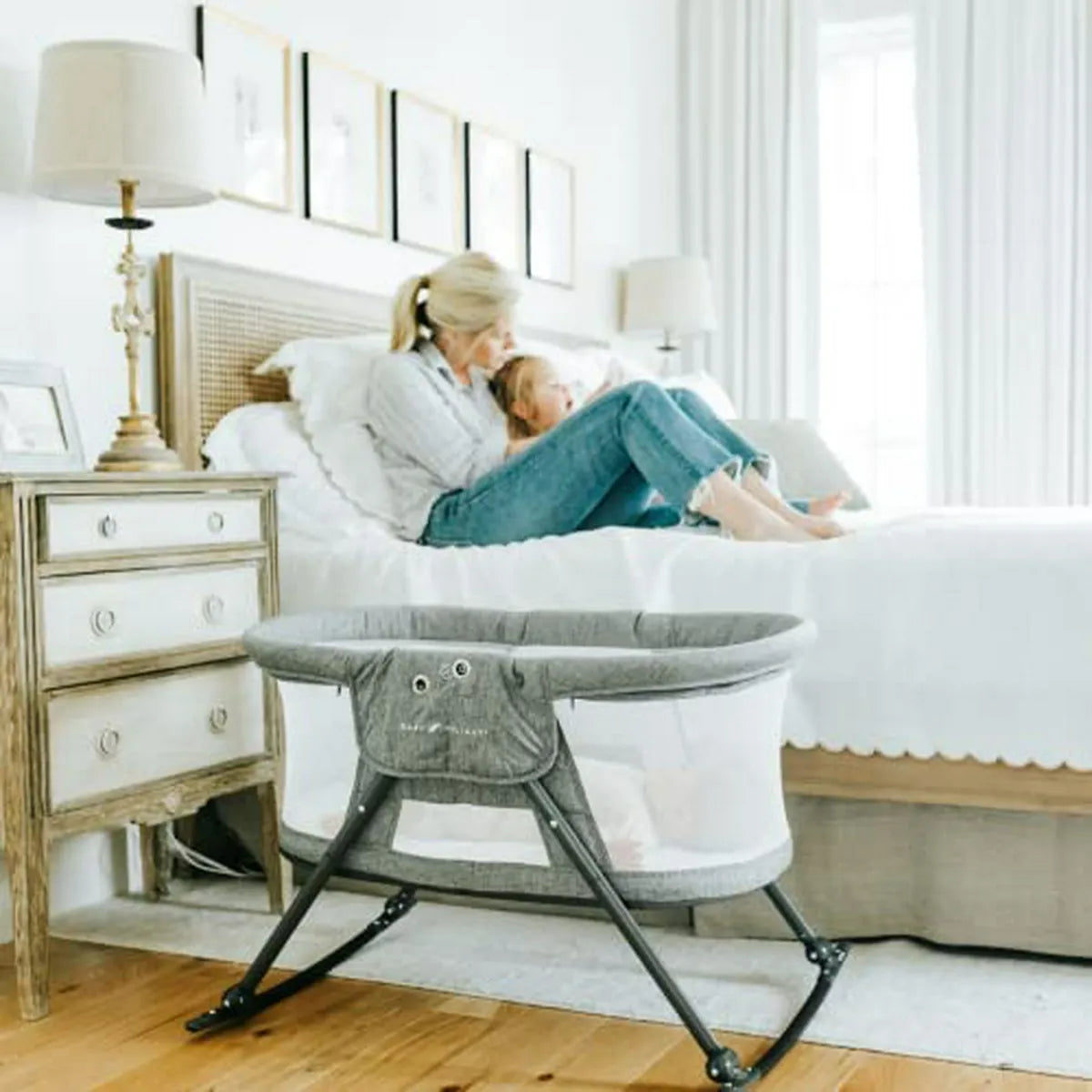 Cuna Mecedora Portátil Con Dosel Removible, Gris Tweed
