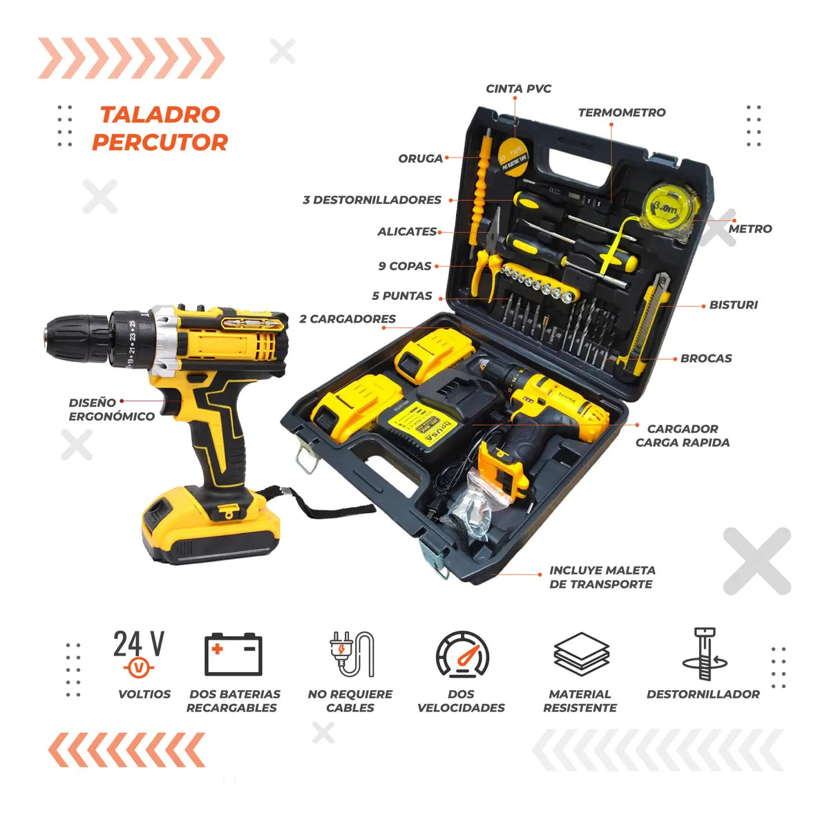 Taladro Percutor Atornillador Todoen 1 Kit Herramienta Basic Amarillo 50