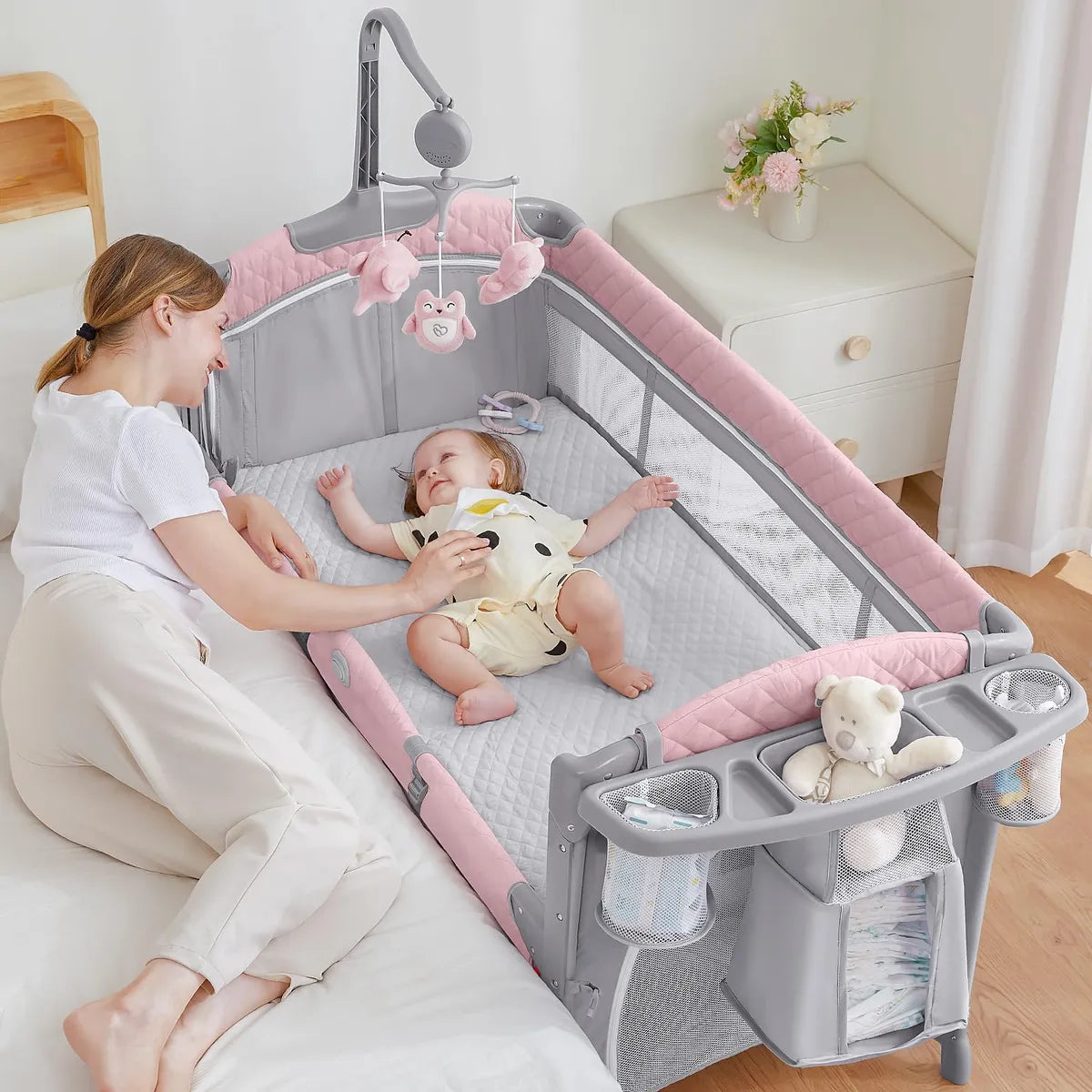 Cuna De Bebé Portátil Con Colchón Y Cambiador Rosa