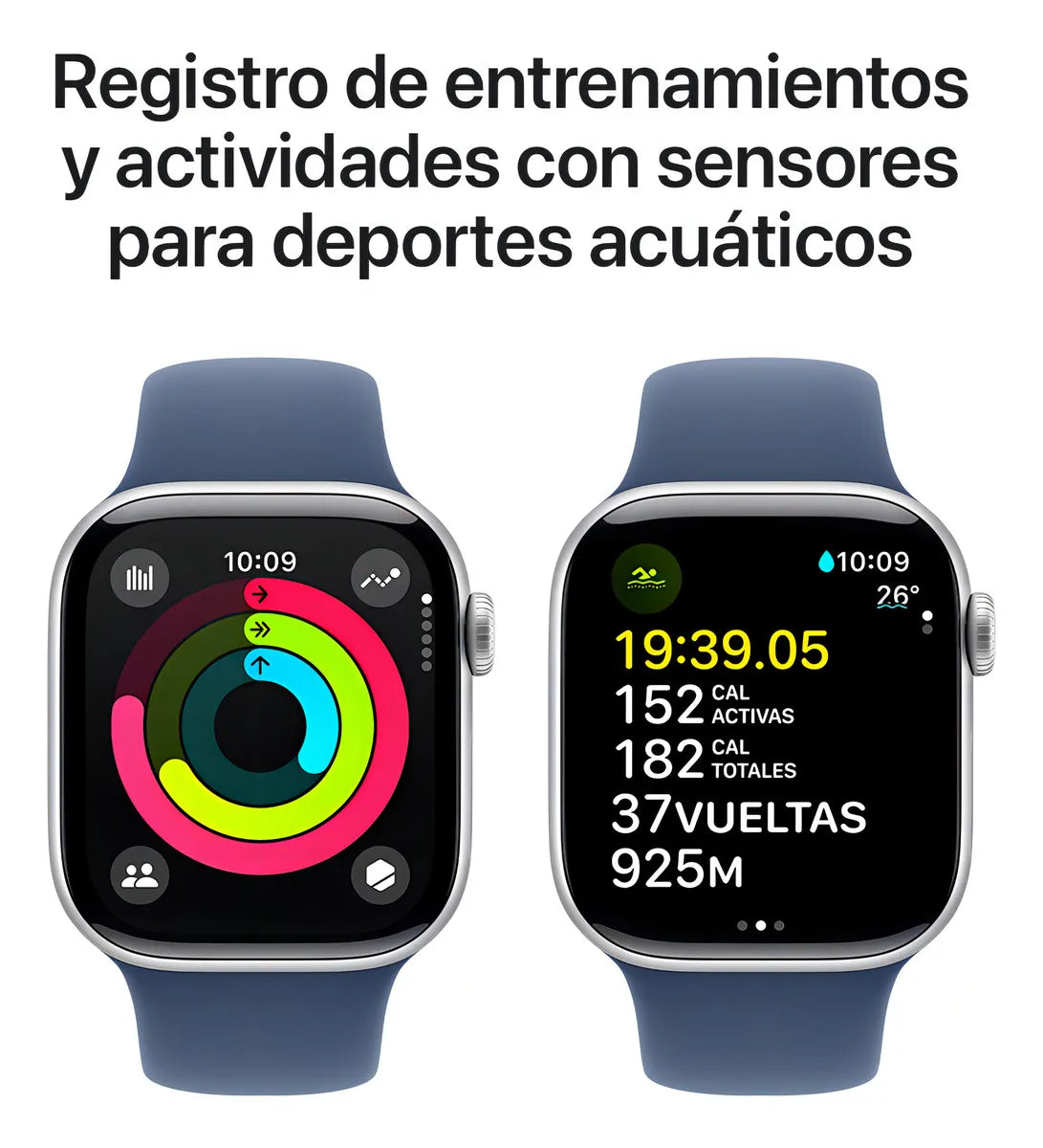 Apple Watch Series 10 GPS • Caja de aluminio color plata de 42 mm • Correa deportiva azul denim - S/M