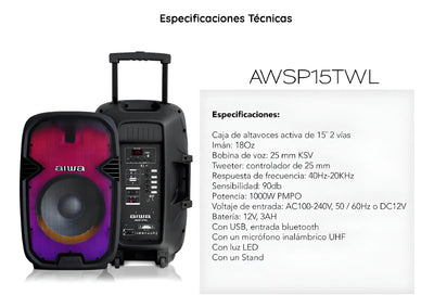 Cabina Aiwa AWSP15TWL Bluetooth Radio Fm Microfono Tripode Color Negro