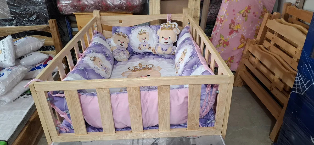 Cama Cuna Flor Morado, Corral De 150cm Natural Flor Morado