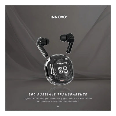 Audífonos Innovo PodsPRO Bluetooth Inalámbricos Negro con Micrófono y Luz LED