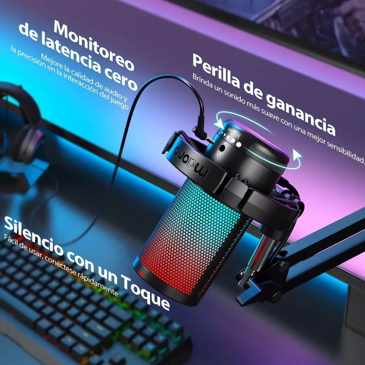Micrófono Condensador Maono Con Cancelación De Ruido Y Soporte De Brazo Rgb Dgm20s Cardioide Para PC Y Celular Color Negro