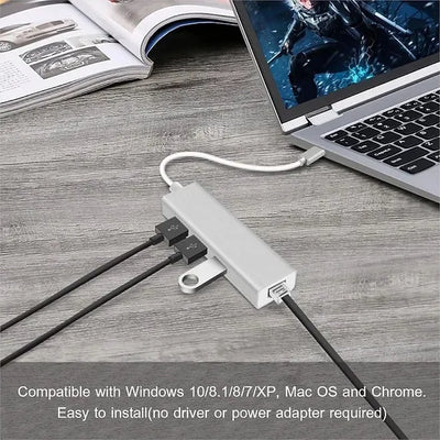Adaptador De Red Tipo C A Rj45 Ethernet 3.0 + Hub 3.0 4en1