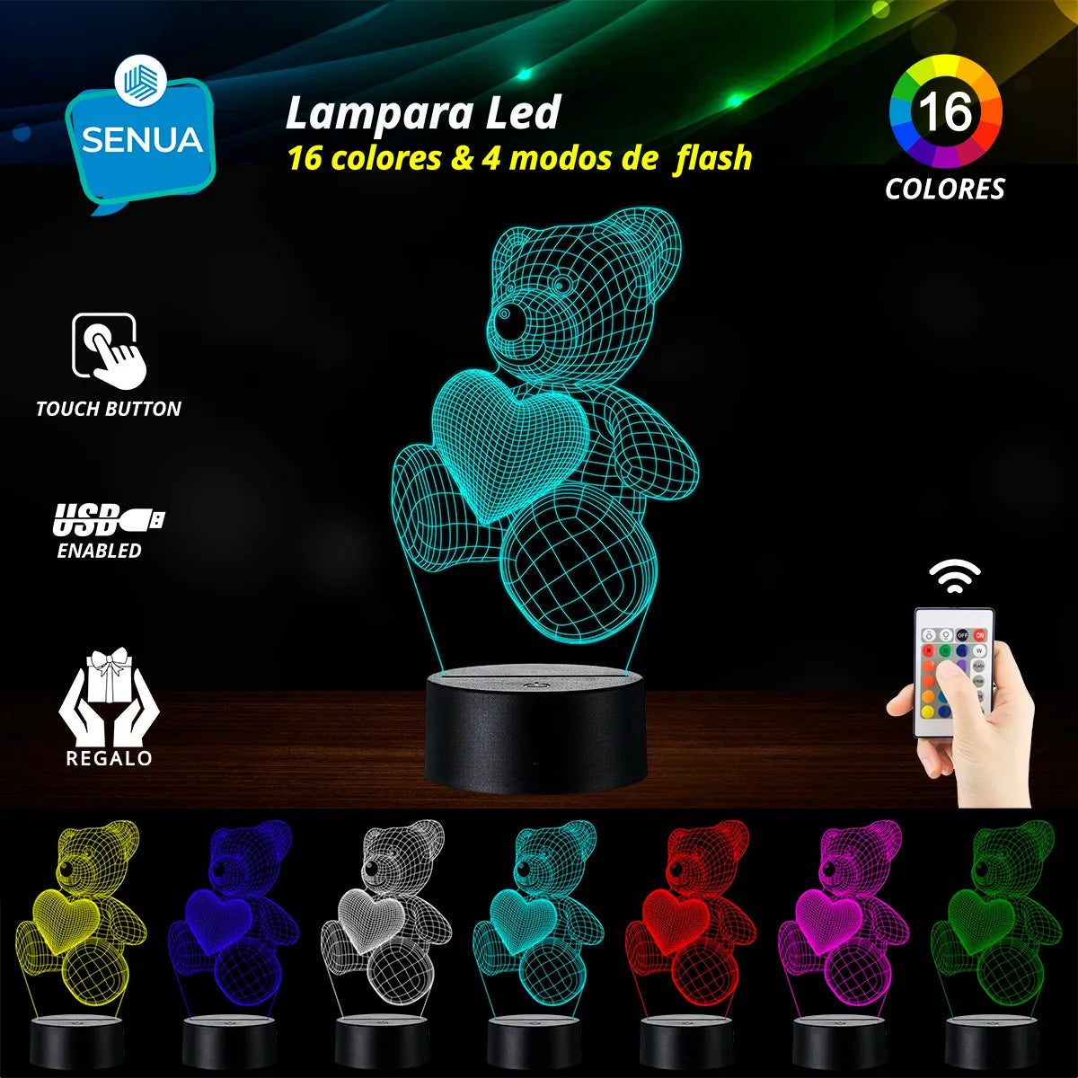 Lampara De Noche Led 3d Oso Niños Regalo Novios Amor Negra