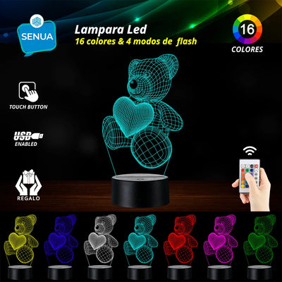 Lampara De Noche Led 3d Oso Niños Regalo Novios Amor Negra