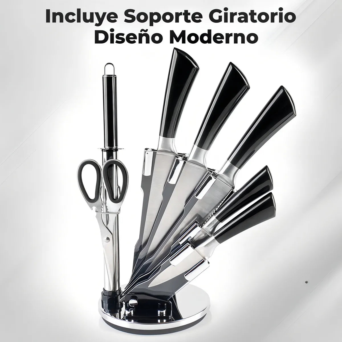 Set de cuchillos de cocina 8 piezas con soporte giratorio hojas de acero inoxidable y mangos ergonómicos color negro Chef Master 807602