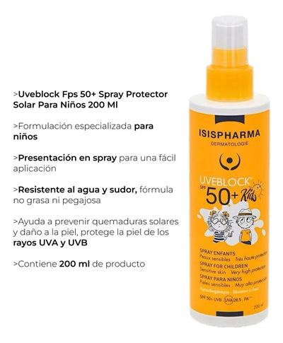 Protector solar infantil Isispharma Uveblock Uveblock Kids 50FPS en atomizador 200mL