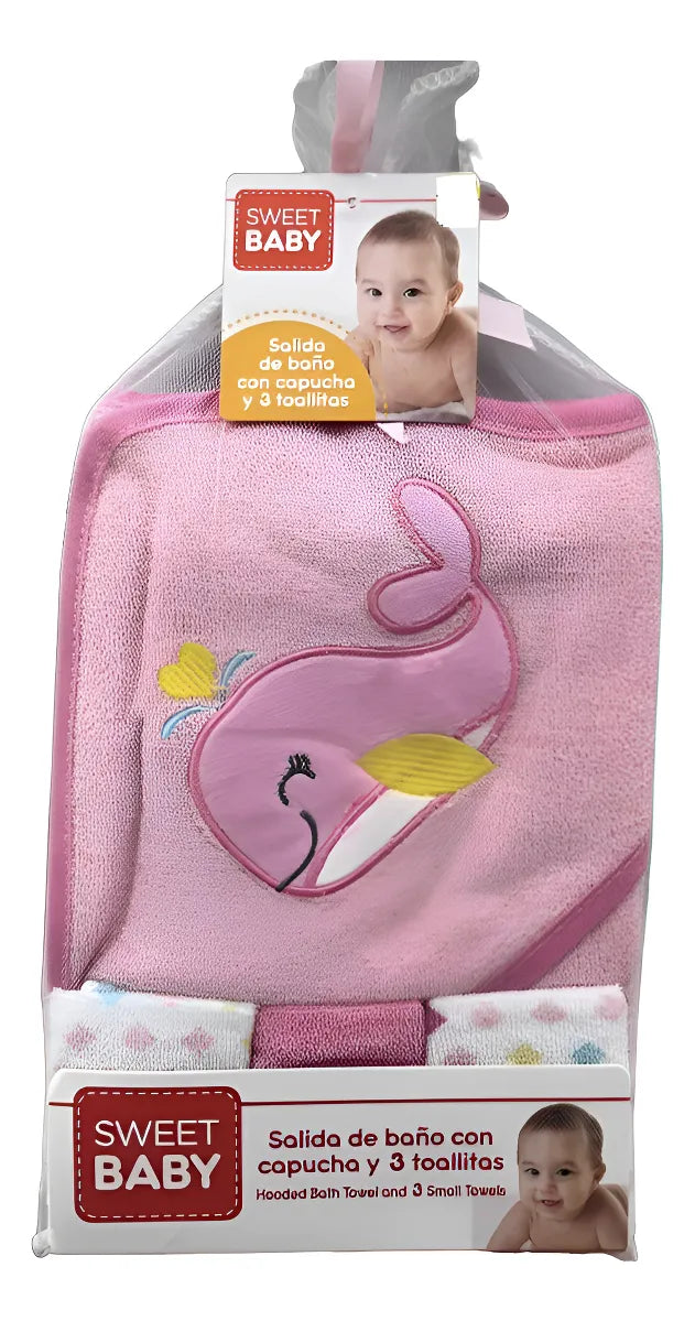 Salida De Baño Capucha +3 Toallitas Para Bebes Diseño Animal Rosa