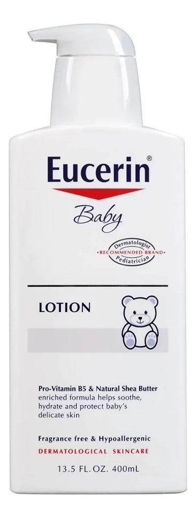 Eucerin Baby Loción Corporal 400 ml | Hipoalergénica, Sin Fragancia, Dermatológicamente Probada, Hidratante Corporal Para Piel Sensible del Bebé, Fórmula Segura y Clínica Que Protege y Repara La Piel