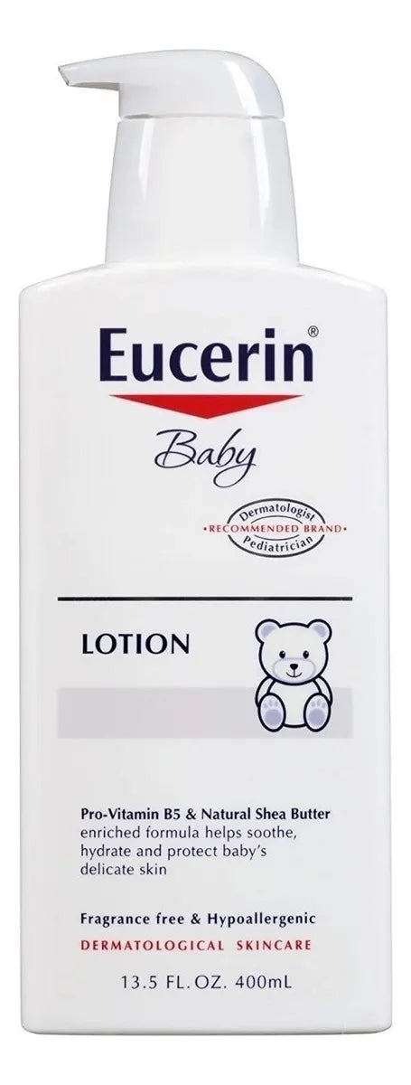 Eucerin Baby Loción Corporal 400 ml | Hipoalergénica, Sin Fragancia, Dermatológicamente Probada, Hidratante Corporal Para Piel Sensible del Bebé, Fórmula Segura y Clínica Que Protege y Repara La Piel