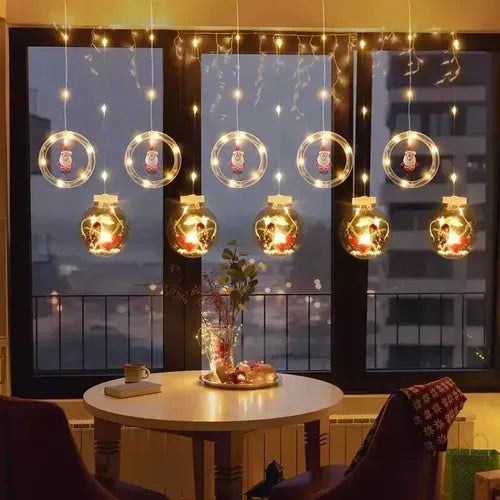 Instalación Cortina Bolas Y Aros Navideños Figura Papa Noel Multicolor