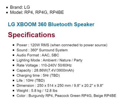 Altavoz Bluetooth Inalámbrico Portátil Lg Rp4 Xboom 360 Azul Petróleo