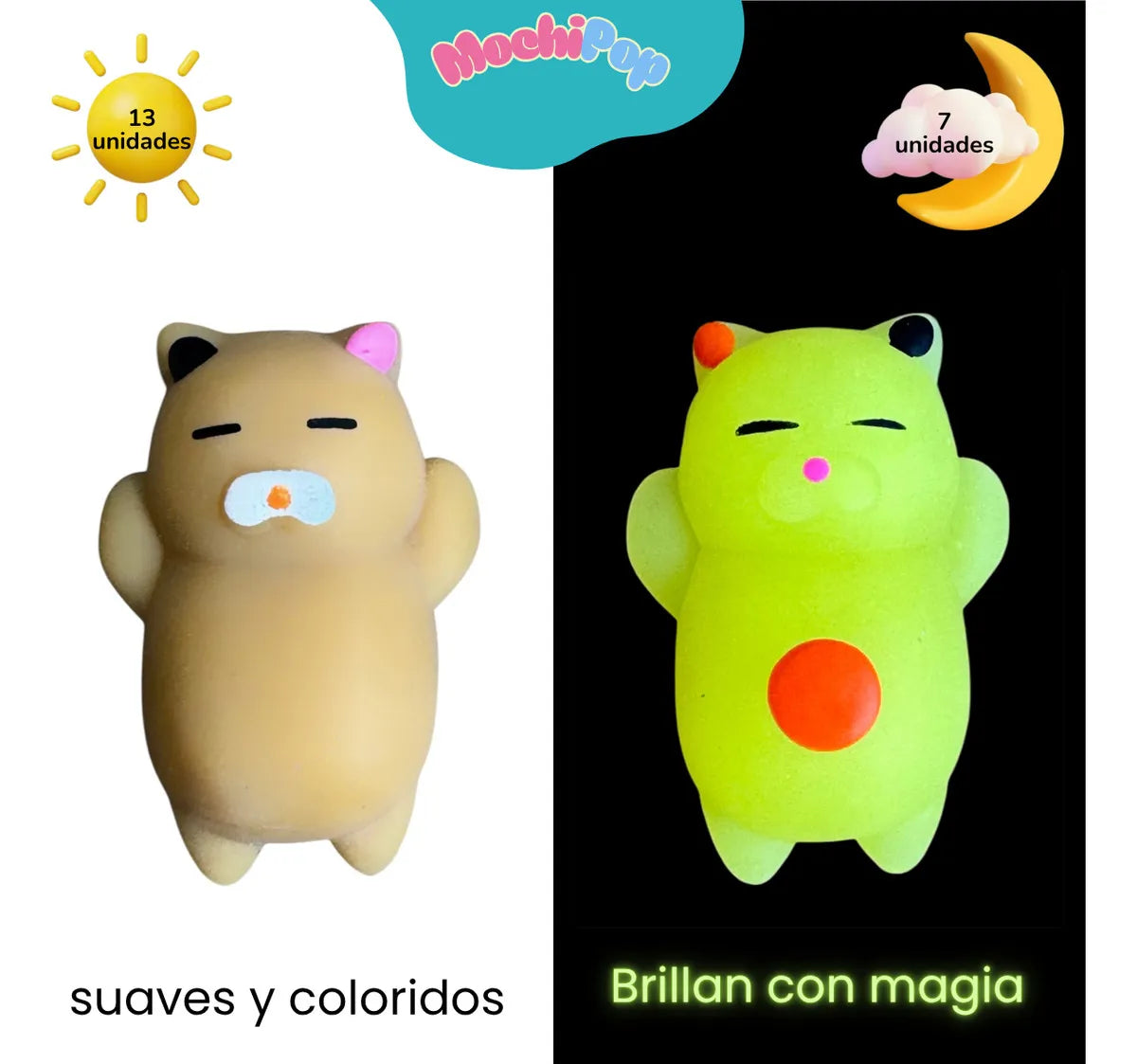 Set 20 Mochis Antiestrés Evanthi 13 Normales + 7 Brillan En Oscuridad