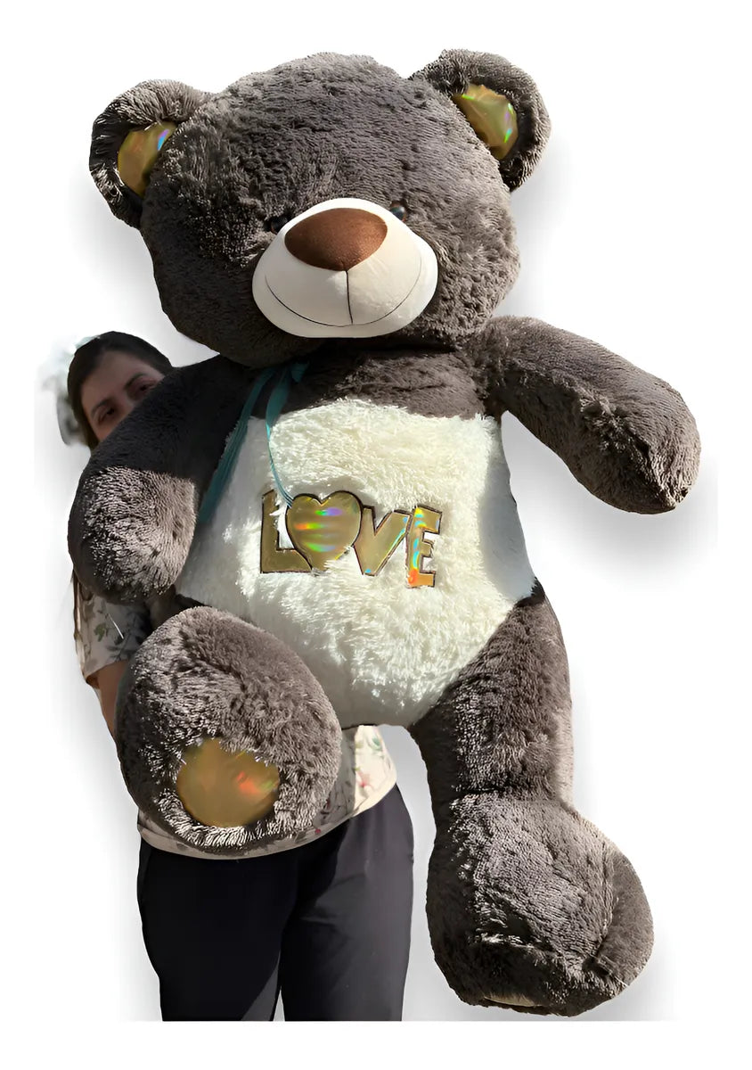 Oso De Peluche Gigante Metro Y Medio 1,55 + Moño + 3 Globos Gris Oscuro