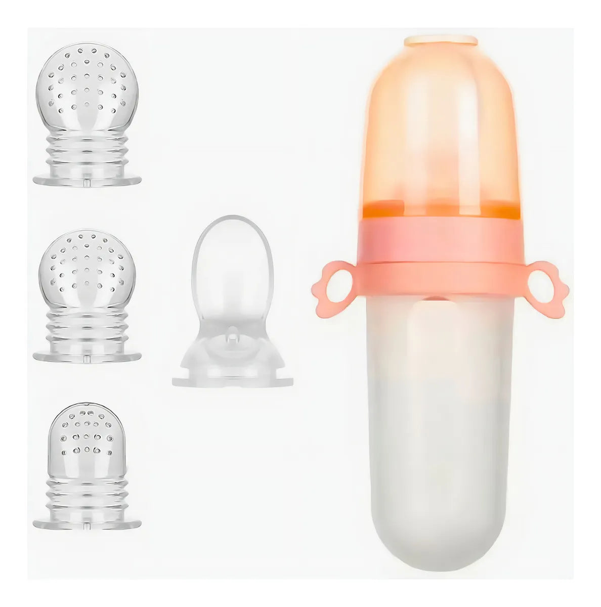 Biberón Tetero Dispensador Alimentos Bebés 40 Ml Uso Rosado Chupo 3 Tamaño Alimento + Cuchara Dispensar Ayuda Habilidades Control Sin Bpa Libre Bps Sin Ftalatos Silicona Grado Alimenticio Versátil