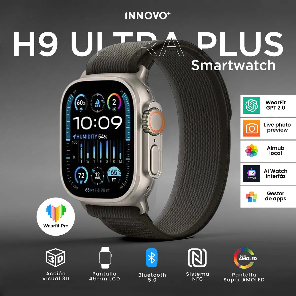 Smartwatch H9 Ultra Plus 49mm 7 Correas Nfc, Amoled, Bluetooth Negro