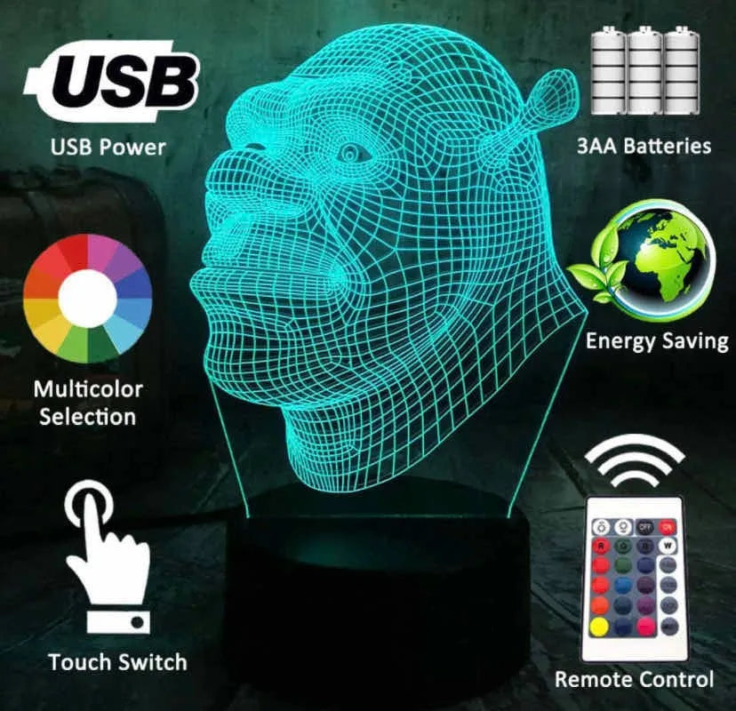 Lámpara De Noche 3d Led Shrek Holograma Regalo Decoración - Negra